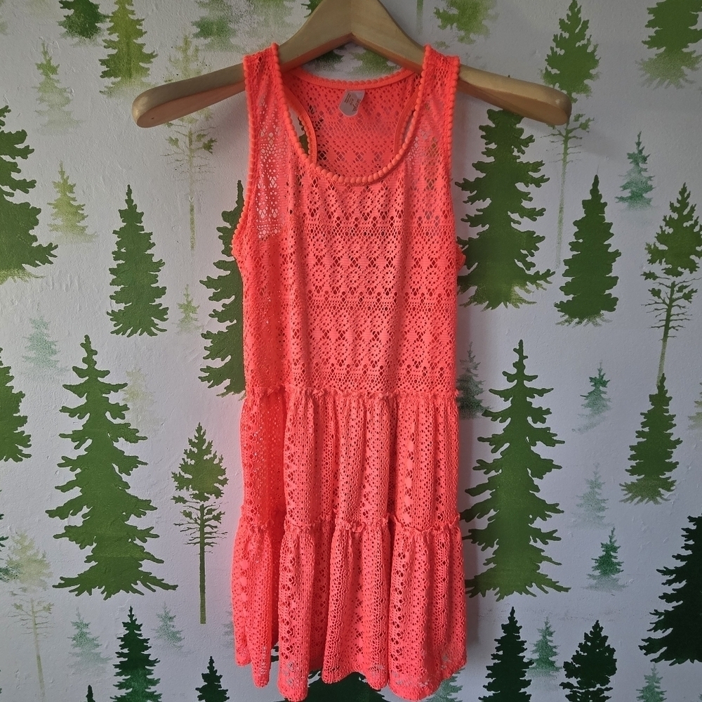 Pink Crochet Sleeveless Swim Cver Up Dress